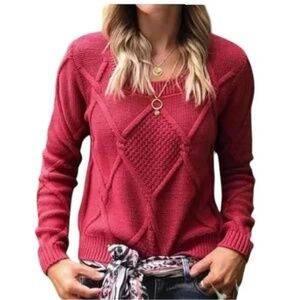 Cabi Mulberry Red Chunky Cable Knit Square Neck Pullover Sweater Size S 3883